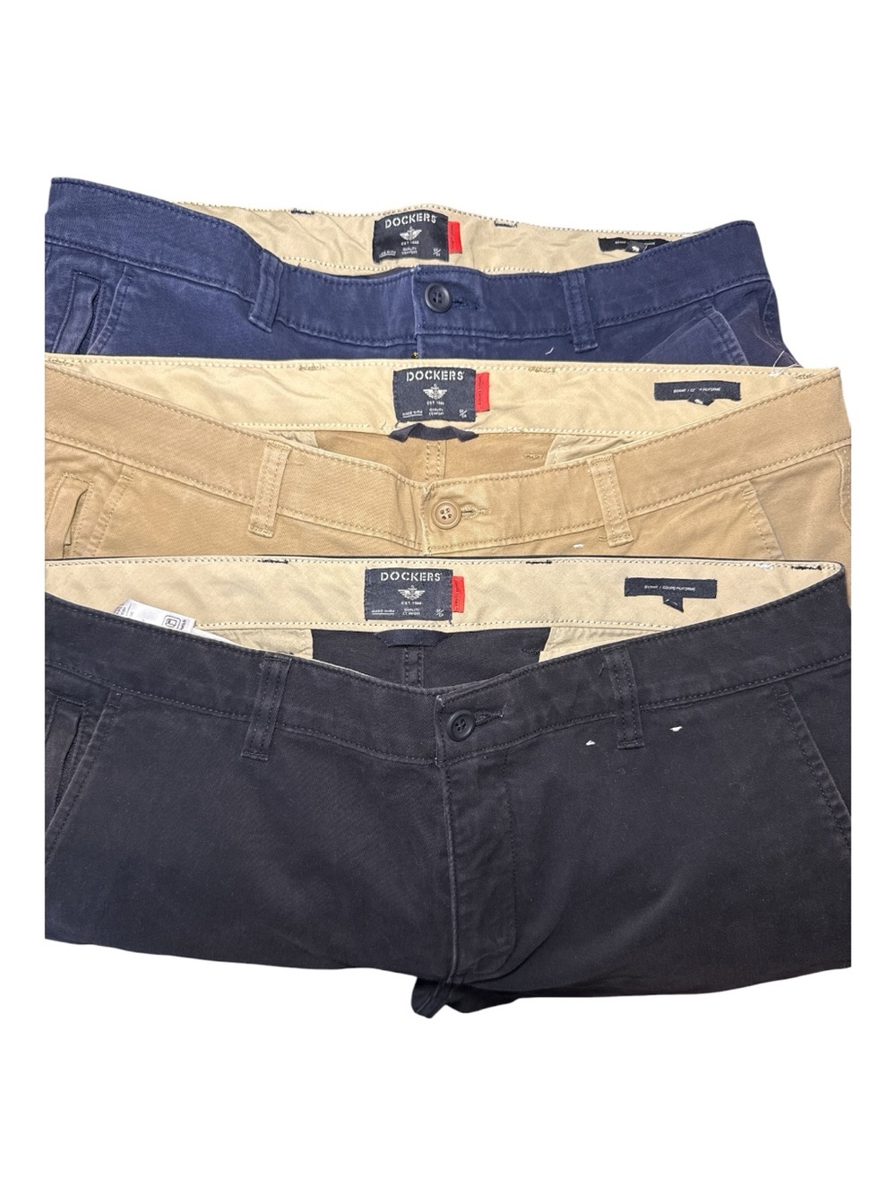Dockers Men's 34x32 Chino Pants LOT of 3 Skinny Fit Navy, Tan ,Blue